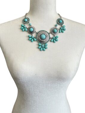 Turquoise Floral Statement Necklace with Silver-Tone Accents